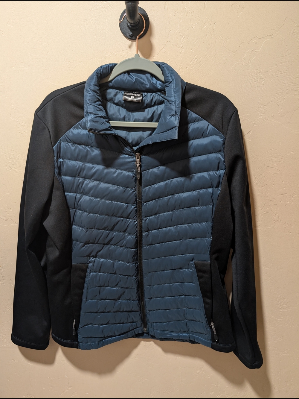 EUC Woman's 32 Heat Quilted Lightweight Puffer Jacket Black And Teal Large